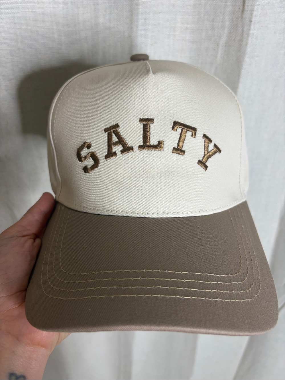 C.C Two-Tone "SALTY" Trucker Hat in Cream and Taupe